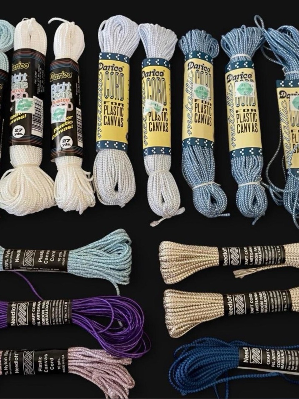 Vintage Darice Metallic Cord & Needloft Plastic Canvas
Cord Lot of 15 Skeins NOS